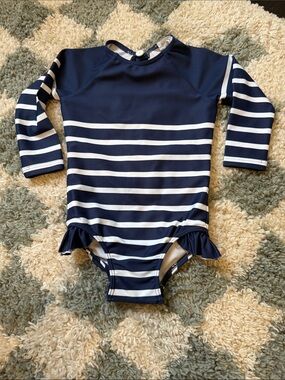 Minnow Swim Navy & White Striped Long-Sleeve Swimsuit